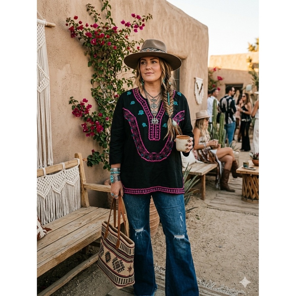 Black Linen Blend Embroidered Floral Tunic Top 1X Boho Chic Festival Folk Resort - Picture 1 of 7